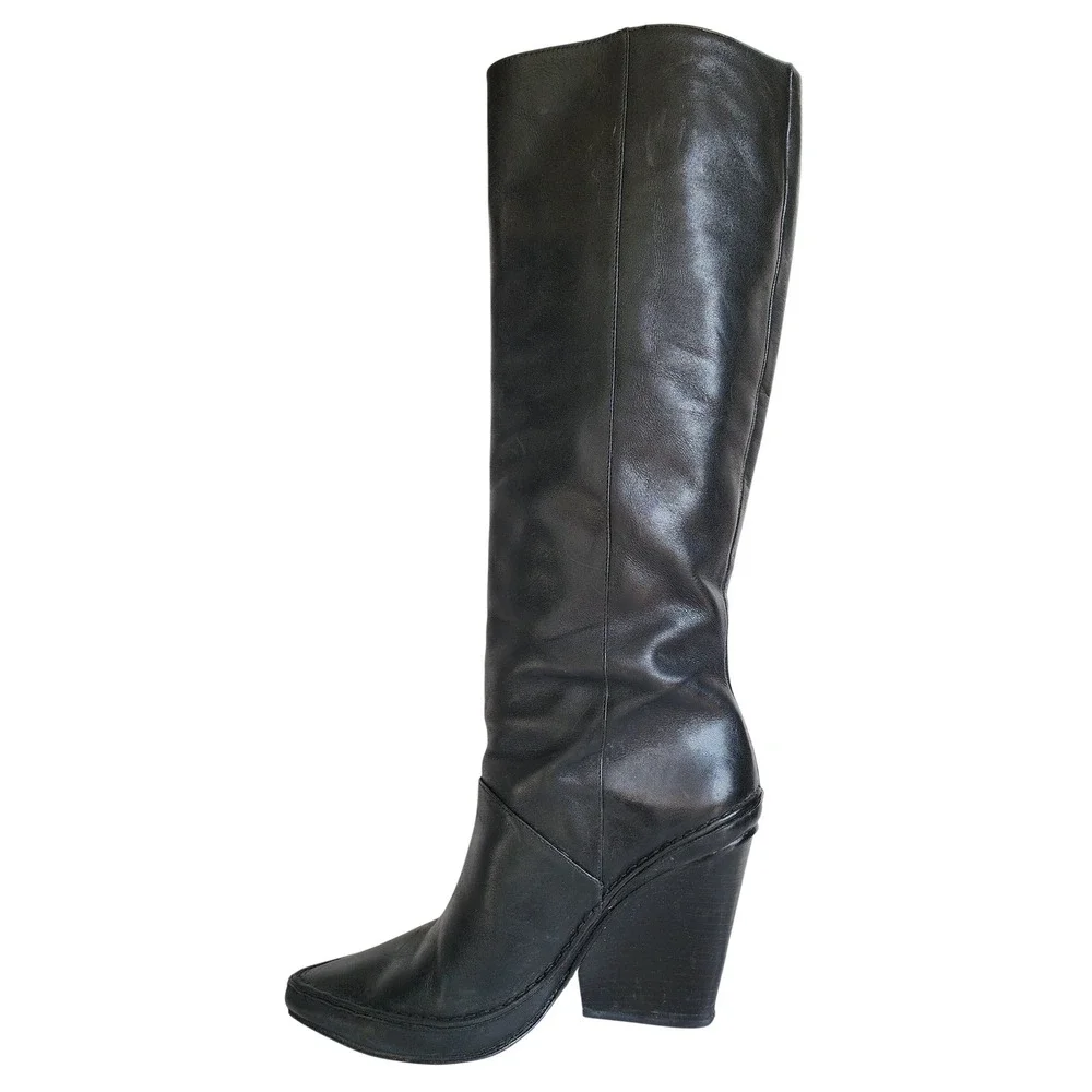 Tory Burch Black Leather Pointed Toe Wedge Knee High Tall Boots 8.5